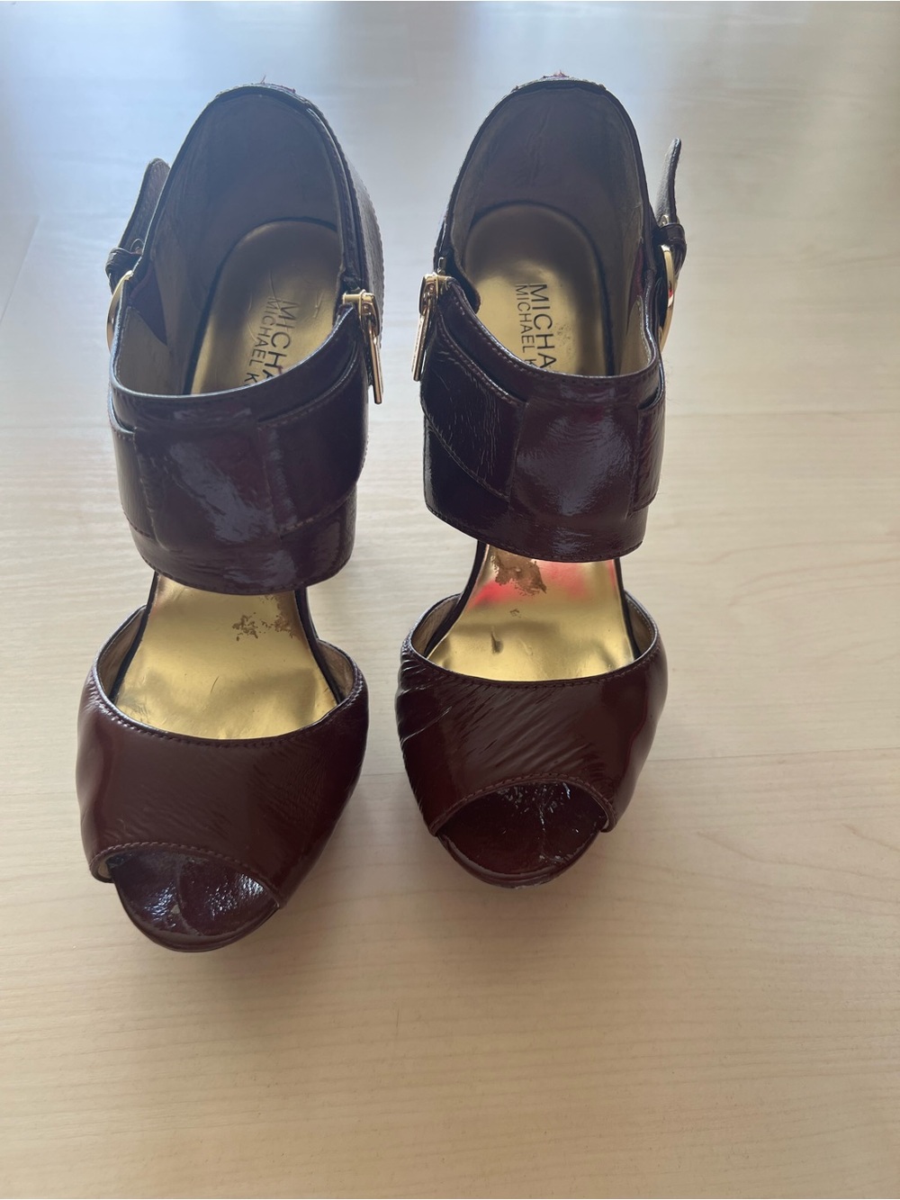 Michael Kors Burgundy Patent Leather Peep-Toe Heels with Gold Accents